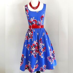 Donna Morgan Royal Blue Floral Fit-and-Flare Dress with Red Accents